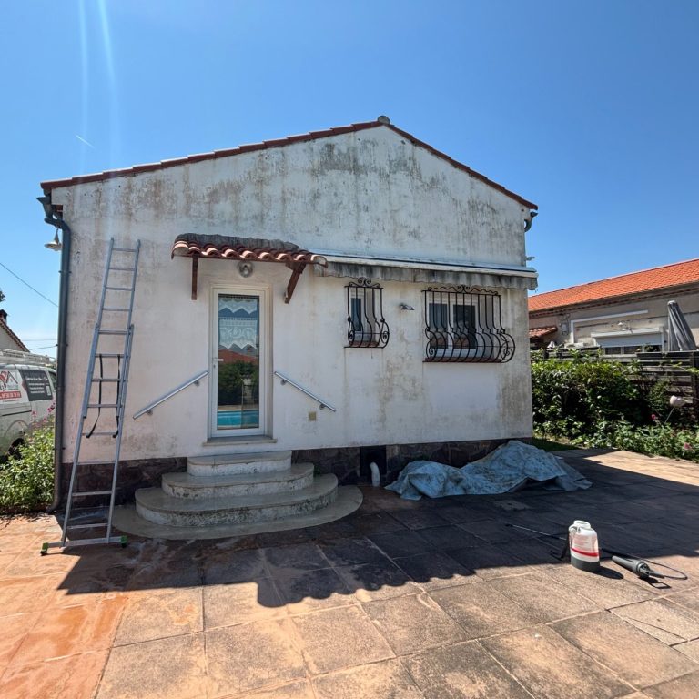 Vue d'une façade et d’un dallage avant intervention, présentant des traces de salissures, de pollution et de mousses.
